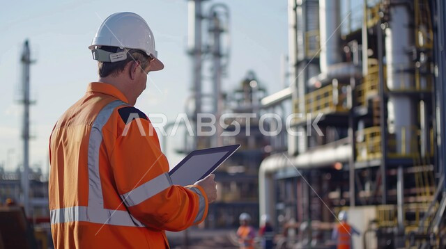 استخدام التقنيات والتكنولوجيا الحديثة في إنتاجية النفط والغاز في المملكة العربية السعودية, جودة معامل ومعدات إنتاج النفط, صورة من الخلف لرجل عربي سعودي خليجي يرتدي الخوذة و سترة الحماية يحمل بيده الجهاز اللوحي ويتابع سير أعمال المصنع، مهن ووظائف سعودية، خلفية مصفاة البترول