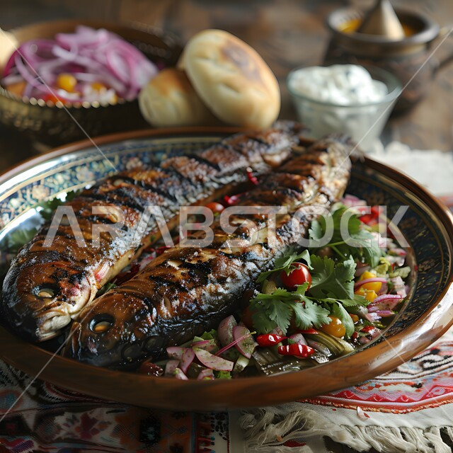 طرق تقديم شهية، صورة من الاعلى لطبق من السمك المشوي مع قطع الليمون والسلطات، مأكولات بحرية ووصفات بنكهات متميزة، وجبة طعام غذائية صحية، مطاعم شرقية في المملكة