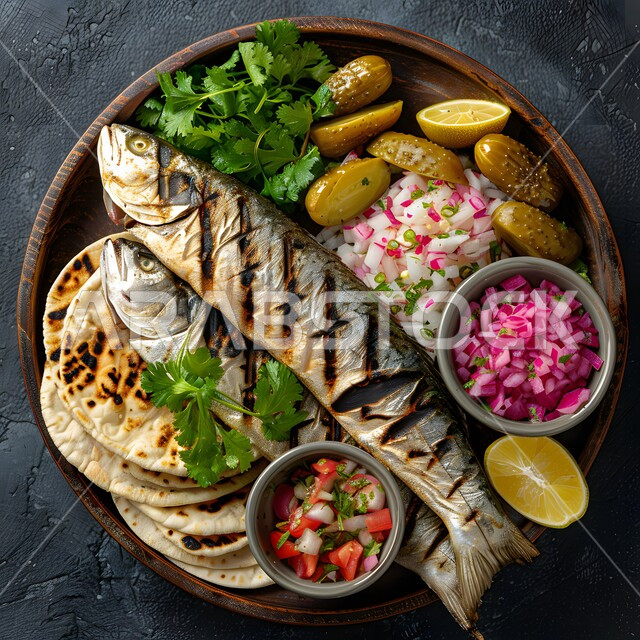 طرق تقديم شهية، صورة من الاعلى لطبق من السمك المشوي مع قطع الليمون والسلطات، مأكولات بحرية ووصفات بنكهات متميزة، وجبة طعام غذائية صحية، مطاعم شرقية في المملكة