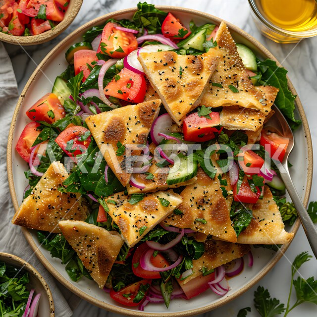 مطاعم للمأكولات الشرقية، الأساليب الفنية في تقديم الطعام، وعاء مليء بقطع الخضراوات والخبز المحمص، أطباق شعبية تقليدية في السعودية، طبق من سلطة الفتوش والمقبلات العربية