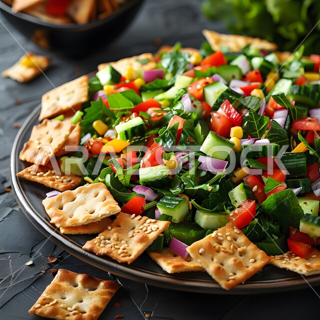 مطاعم للمأكولات الشرقية، الأساليب الفنية في تقديم الطعام، وعاء مليء بقطع الخضراوات والخبز المحمص، أطباق شعبية تقليدية في السعودية، طبق من سلطة الفتوش والمقبلات العربية