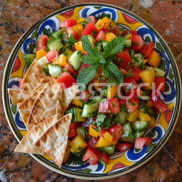 مطاعم للمأكولات الشرقية، الأساليب الفنية في تقديم الطعام، وعاء مليء بقطع الخضراوات والخبز المحمص، أطباق شعبية تقليدية في السعودية، طبق من سلطة الفتوش والمقبلات العربية