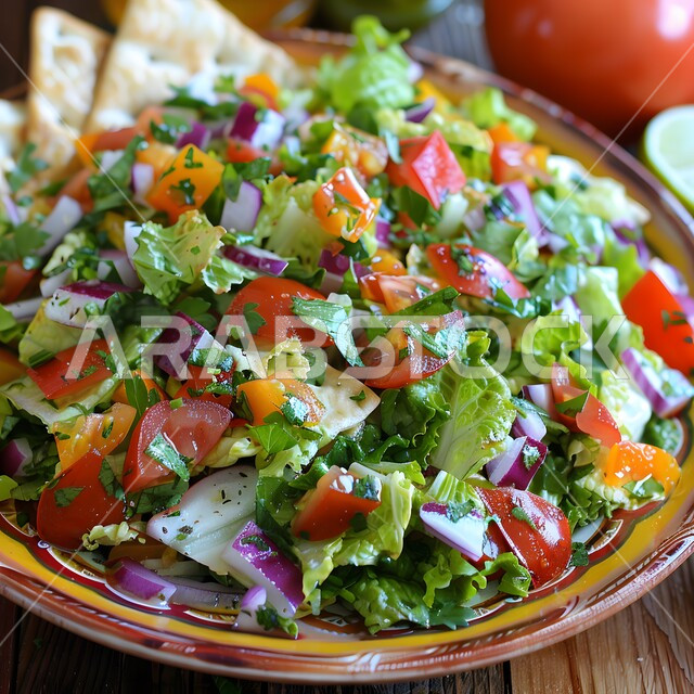 مطاعم للمأكولات الشرقية، الأساليب الفنية في تقديم الطعام، وعاء مليء بقطع الخضراوات والخبز المحمص، أطباق شعبية تقليدية في السعودية، طبق من سلطة الفتوش والمقبلات العربية