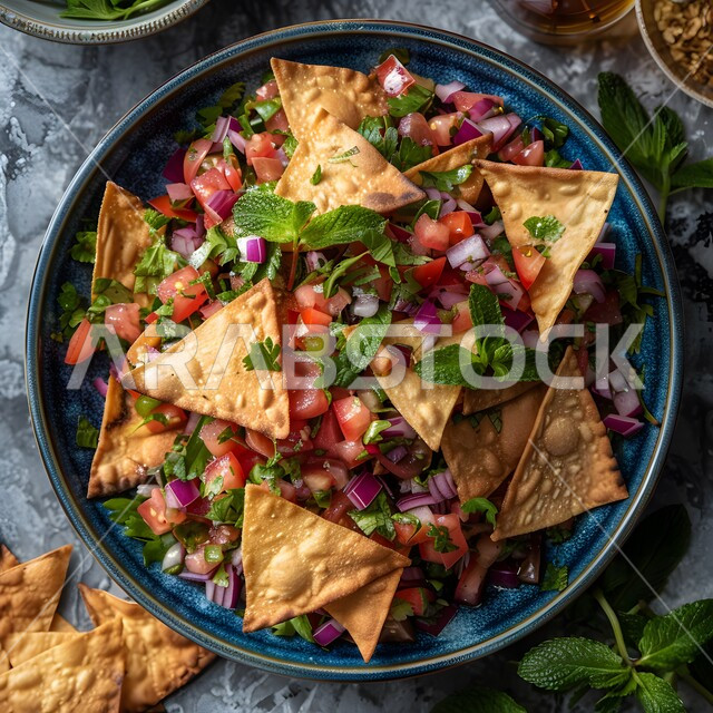 مطاعم للمأكولات الشرقية، الأساليب الفنية في تقديم الطعام، وعاء مليء بقطع الخضراوات والخبز المحمص، أطباق شعبية تقليدية في السعودية، طبق من سلطة الفتوش والمقبلات العربية