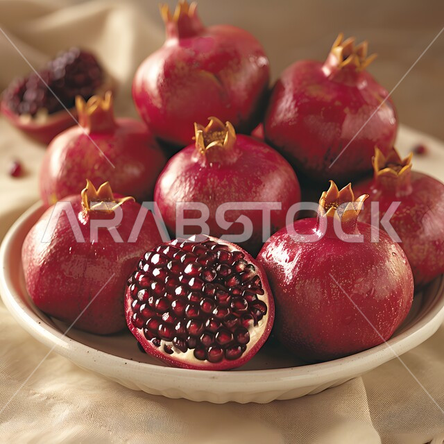 ثمار ذات قيمة غذائية عالية، صورة مقربة لفاكهة الرمان الناضجة المليئة بالفيتامينات، موسم  قطاف الرمان في المملكة العربية السعودية، محاصيل زراعية محلية