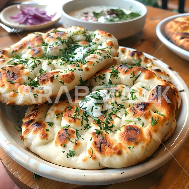 Popular hot pastries, crispy and fresh baked goods, nutritious breakfast, local national products, delicious recipes and dishes in bakeries in the Kingdom of Saudi Arabia