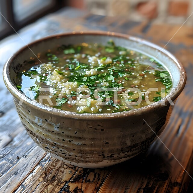 وجبات الإفطار الصحية الشهية في المطاعم الشرقية، أصناف المقبلات الشعبية، مأكولات عربية تقليدية، وصفات الطعام السعودية, صورة مقربة لشوربة العدس والحمص الشهية مع البقدونس