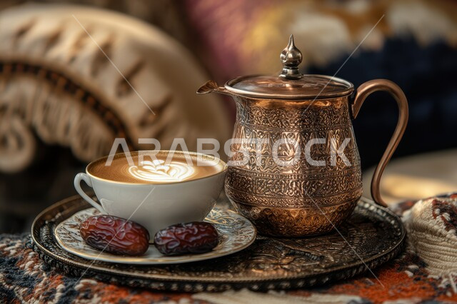 فنجان نحاسي من القهوة العربية الخليجية مع التمر الشهي, أصالة العادات والتقاليد الشرقية, الاستمتاع بالمشروبات الساخنة, منتجات محلية وطنية, كرم الضيافة وحسن الاستقبال في المملكة العربية السعودية