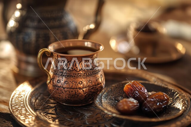 فنجان نحاسي من القهوة العربية الخليجية مع التمر الشهي, أصالة العادات والتقاليد الشرقية, الاستمتاع بالمشروبات الساخنة, منتجات محلية وطنية, كرم الضيافة وحسن الاستقبال في المملكة العربية السعودية