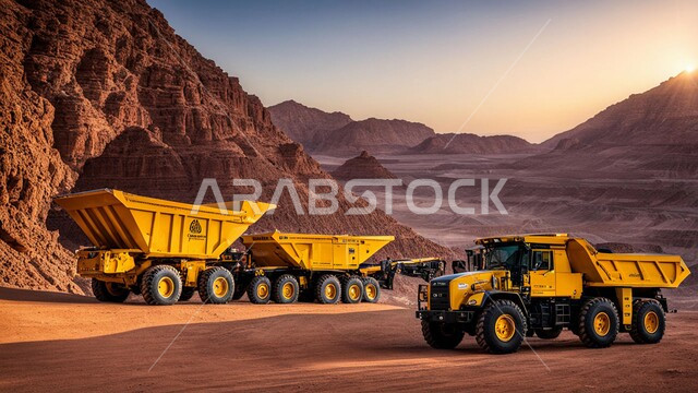Hydraulic bulldozers doing mining work to transport and empty soil in mountainous areas in the Kingdom of Saudi Arabia, the concept of large construction and building projects, industrial engineering professions and jobs, using heavy machinery and equipment in rugged areas during the day