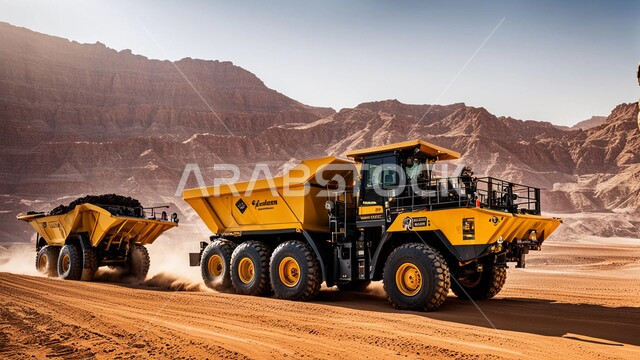 جرافات هيدروليكية تقوم بأحد اعمال التعدين لنقل وتفريغ التراب في الأماكن الجبلية في المملكة العربية السعودية, مفهوم مشاريع البناء والانشاء الكبيرة, مهن ووظائف هندسية صناعية, استخدام الآلات والمعدات الثقيلة في المناطق الوعرة في وقت النهار