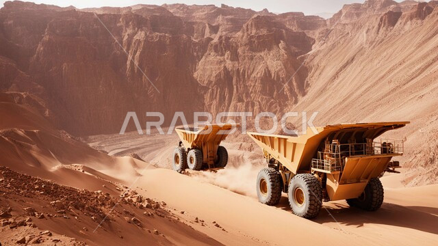 جرافات هيدروليكية تقوم بأحد اعمال التعدين لنقل وتفريغ التراب في الأماكن الجبلية في المملكة العربية السعودية, مفهوم مشاريع البناء والانشاء الكبيرة, مهن ووظائف هندسية صناعية, استخدام الآلات والمعدات الثقيلة في المناطق الوعرة في وقت النهار