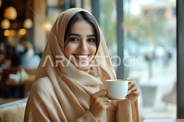 النظر إلى الكاميرا بإيماءات السعادة و السرور, الاستمتاع بالمشروبات الساخنة, إمرأة عربية خليجية سعودية مبتسمة ترتدي الحجاب تجلس في إحدى المقاهي و تمسك بيدها فنجان القهوة, قضاء الأوقات الممتعة في الخارج