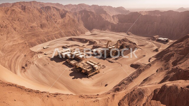 جرافات هيدروليكية تقوم بأحد اعمال التعدين لنقل وتفريغ التراب في الأماكن الجبلية في المملكة العربية السعودية, مفهوم مشاريع البناء والانشاء الكبيرة, مهن ووظائف هندسية صناعية, استخدام الآلات والمعدات الثقيلة في المناطق الوعرة في وقت النهار