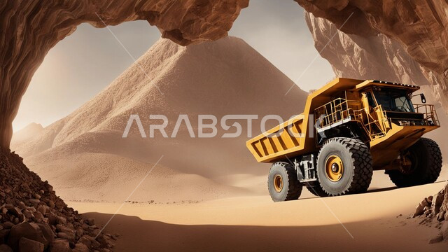جرافة هيدروليكية تقوم بأحد اعمال التعدين لنقل وتفريغ التراب في الأماكن الجبلية في المملكة العربية السعودية, مفهوم مشاريع البناء والانشاء الكبيرة, مهن ووظائف هندسية صناعية, استخدام الآلات والمعدات الثقيلة في المناطق الوعرة في وقت النهار