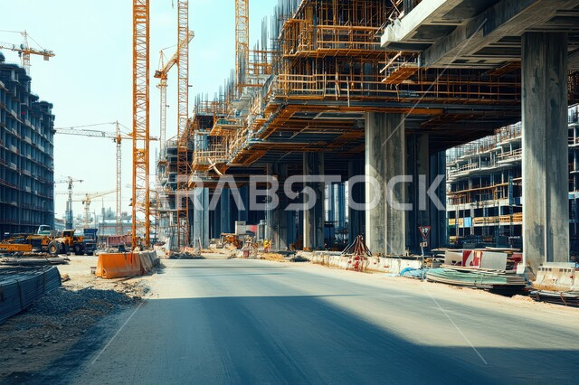 مفهوم الهندسة الإنشائية والمعمارية, تنفيذ مخطط الإعمار وتشكيل الهيكل المعدني, موقع بناء على خرسانة قيد الانشاء, التطور والتقدم العمراني السعودي, تحسين وتطوير البنية التحتية في المملكة العربية السعودية