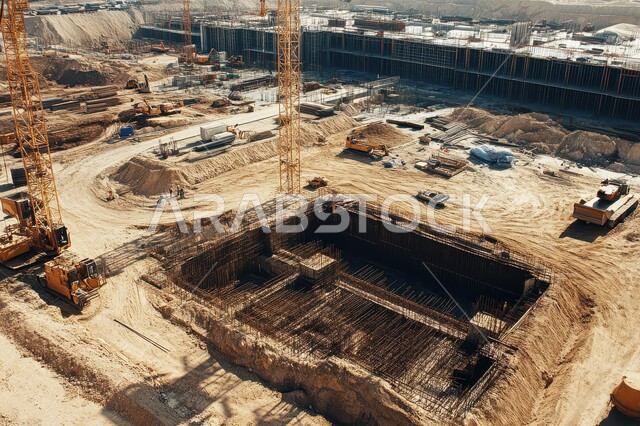 Implementation of the reconstruction plan and the formation of the metal structure, a construction site on concrete under construction, Saudi urban development and progress, improving and developing the infrastructure in the Kingdom of Saudi Arabia, the concept of structural and architectural engineering