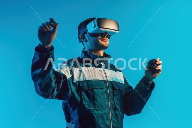 ارتداء نظارة الفي آر ثلاثية الأبعاد, استخدام الأجهزة التكنولوجية والتقنيات الحديثة، الشعور بالمتعة والتسلية بمحاكاة العالم الخيالي, بورتريه مقرب لشاب عربي خليجي سعودي يرتدي الزي الكاجوال و يضع نظارات الواقع الافتراضي, خلفية زرقاء