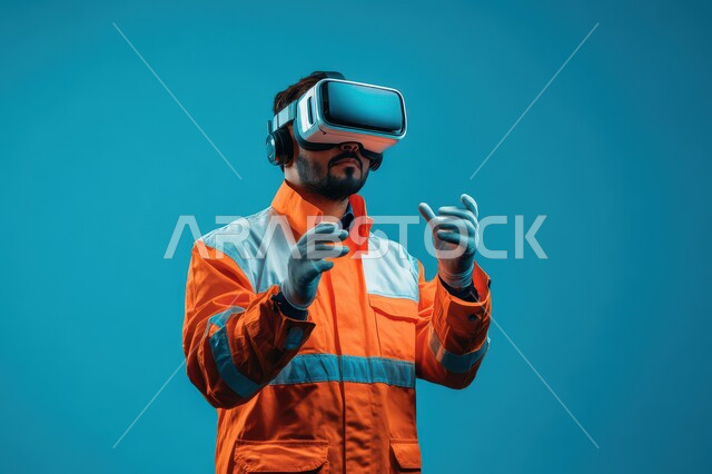 ارتداء نظارة الفي آر ثلاثية الأبعاد, استخدام الأجهزة التكنولوجية والتقنيات الحديثة، الشعور بالمتعة والتسلية بمحاكاة العالم الخيالي, بورتريه مقرب لشاب عربي خليجي سعودي يرتدي الزي الكاجوال و يضع نظارات الواقع الافتراضي, خلفية زرقاء