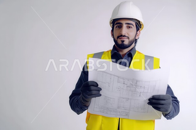 دراسة أساسيات المخطط الإنشائي, العمل في القطاع الهندسي, بورتريه مقرب لمهندس عربي خليجي سعودي يرتدي سترة الحماية والخوذة يمسك مخططات الإعمار بيديه, الإشراف على المشاريع الهندسية, خلفية رمادية