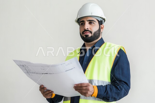 Studying the basics of construction planning, working in the engineering sector, close-up portrait of a Saudi Arabian Gulf engineer wearing a safety vest and helmet holding construction plans in his hands, supervising engineering projects, gray background