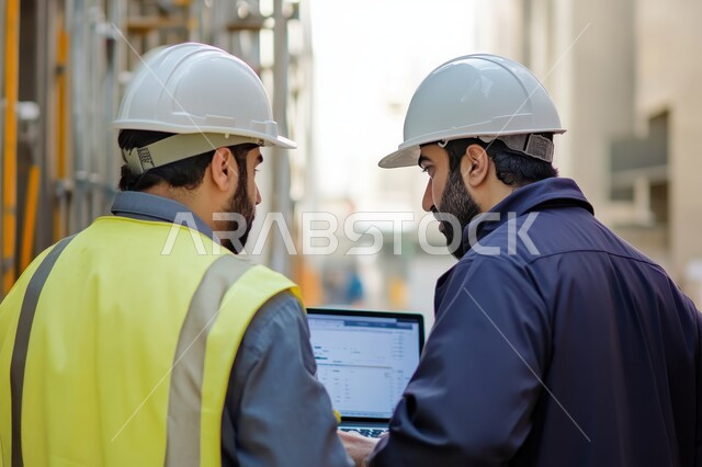العمل في القطاع الهندسي, دمج التقنياات الحديثة بالعمل, بورتريه مقرب لمهندس عربي خليجي سعودي يرتدي سترة و خوذة الحماية يقف بجانب صديقه و يمسك الحاسوب المحمول بيديه, الإشراف على المشاريع الهندسية, خلفية رمادية