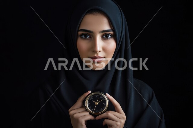 مفهوم الدقة في المواعيد, إنجاز المهام في الموعد المحدد, بورتريه مقرب لامرأة عربية خليجية سعودية محجبة ترتدي العباءة السوداء تنظر إلى الكاميرا بتعابير الجدية و تمسك بيدها ساعة, خلفية سوداء