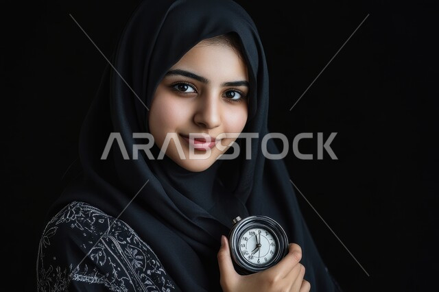 مفهوم الدقة في المواعيد, إنجاز المهام في الموعد المحدد, بورتريه مقرب لامرأة عربية خليجية سعودية محجبة ترتدي العباءة السوداء تنظر إلى الكاميرا بإيماءات السعادة و السرور و تمسك بيدها ساعة, خلفية سوداء