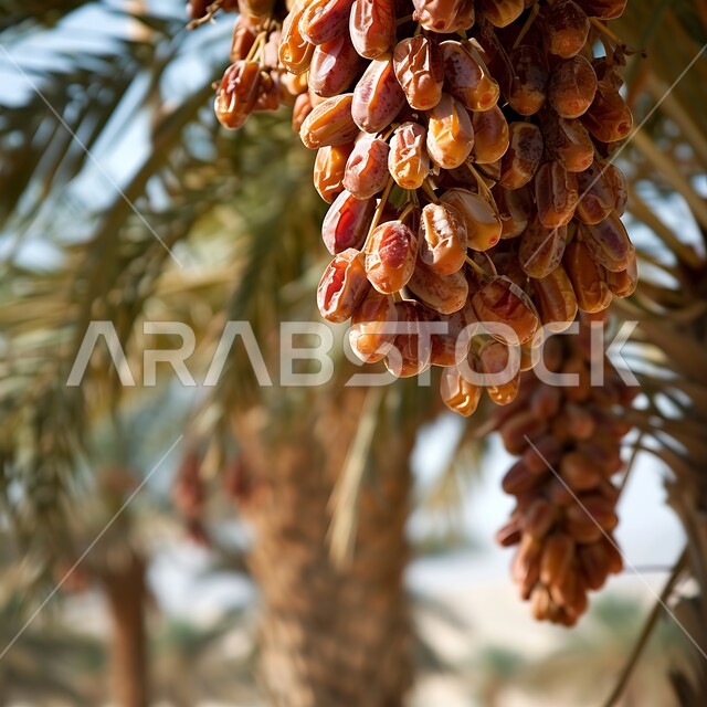 النباتات و الاشجار المثمرة, موسم قطاف و حصاد التمور، زراعة أشجار النخيل في المحميات الطبيعية بالمملكة العربية السعودية, صورة مقربة لعناقيد من حبات التمر الطازج الناضج، منتجات ومحاصيل زراعيه محلية وطنية