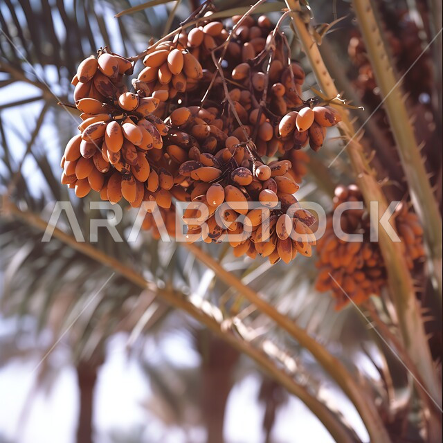 النباتات و الاشجار المثمرة, موسم قطاف و حصاد التمور، زراعة أشجار النخيل في المحميات الطبيعية بالمملكة العربية السعودية, صورة مقربة لعناقيد من حبات التمر الطازج الناضج، منتجات ومحاصيل زراعيه محلية وطنية