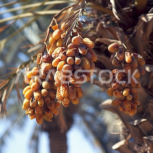 النباتات و الاشجار المثمرة, موسم قطاف و حصاد التمور، زراعة أشجار النخيل في المحميات الطبيعية بالمملكة العربية السعودية, صورة مقربة لعناقيد من حبات التمر الطازج الناضج، منتجات ومحاصيل زراعيه محلية وطنية