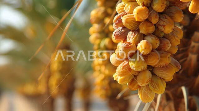 fruitful plants and trees, date harvest season, palm tree cultivation in nature reserves in Saudi Arabia, close-up of bunches of fresh ripe dates, local and national agricultural products and crops