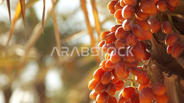 النباتات و الاشجار المثمرة, موسم قطاف و حصاد التمور، زراعة أشجار النخيل في المحميات الطبيعية بالمملكة العربية السعودية, صورة مقربة لعناقيد من حبات التمر الطازج الناضج، منتجات ومحاصيل زراعيه محلية وطنية