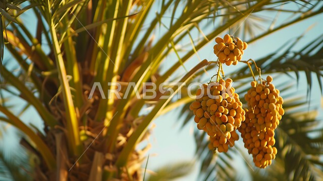 fruitful plants and trees, date harvest season, palm tree cultivation in nature reserves in Saudi Arabia, close-up of bunches of fresh ripe dates, local and national agricultural products and crops