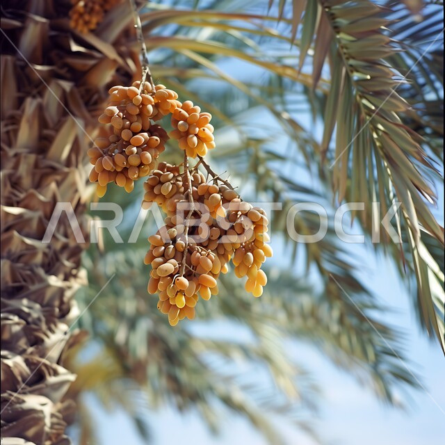 موسم قطاف و حصاد التمور، النباتات و الاشجار المثمرة, زراعة أشجار النخيل في المحميات الطبيعية بالمملكة العربية السعودية, صورة مقربة لعناقيد من حبات التمر الطازج الناضج، منتجات ومحاصيل زراعيه محلية وطنية