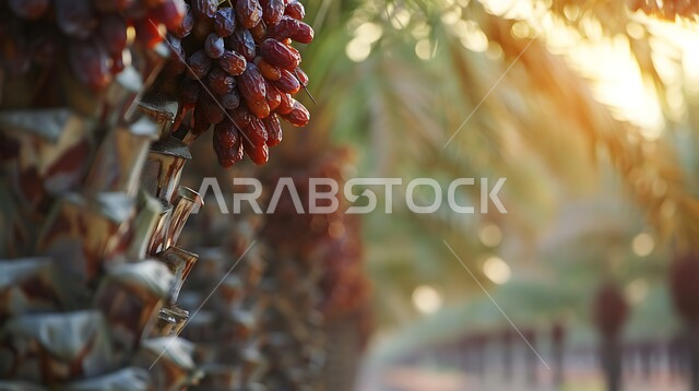 موسم قطاف و حصاد التمور، النباتات و الاشجار المثمرة, زراعة أشجار النخيل في المحميات الطبيعية بالمملكة العربية السعودية, صورة مقربة لعناقيد من حبات التمر الطازج الناضج، منتجات ومحاصيل زراعيه محلية وطنية