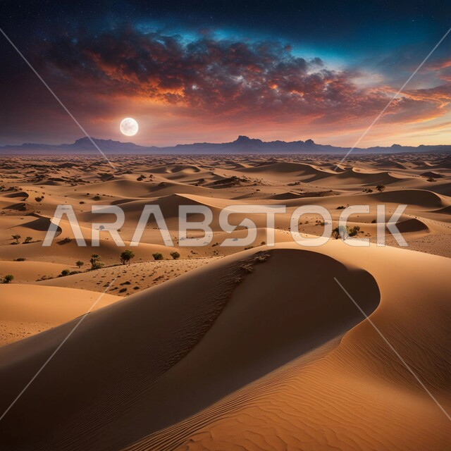 View of moon and clouds in the sky, golden sand dunes, terrain and elevations in the deserts of Saudi Arabia at night, dense sand in desert areas