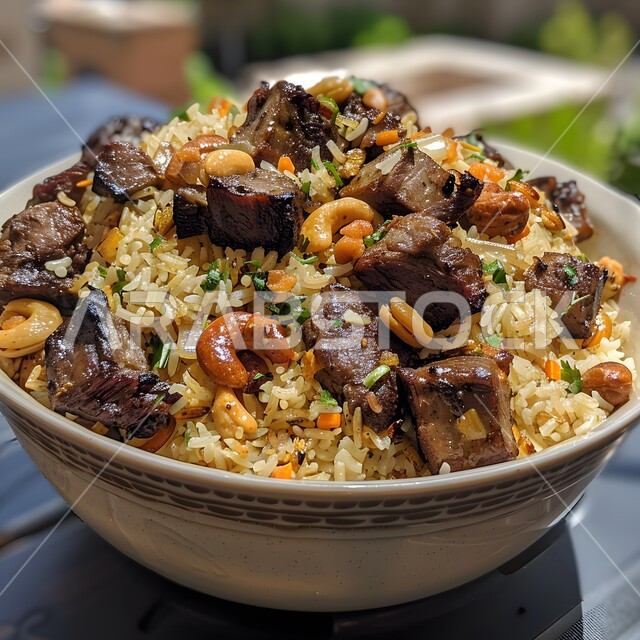 ولائم وأطباق عربية تقليدية شعبية، طبق من أرز الكبسة مع قطع اللحم المزين بالفلفل و البقدونس، وصفات الطعام الشهية، المأكولات والوجبات الشرقية، مطابخ ومطاعم المملكة العربية السعودية