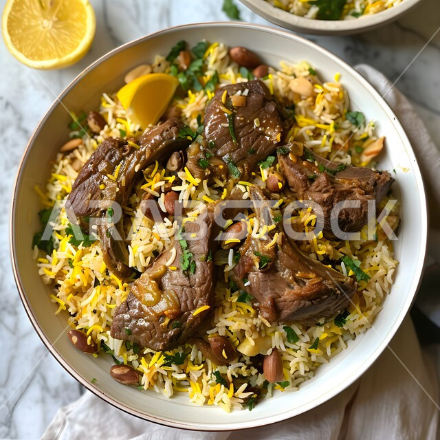 ولائم وأطباق عربية تقليدية شعبية، طبق من أرز الكبسة مع قطع اللحم المزين بالفلفل و البقدونس، وصفات الطعام الشهية، المأكولات والوجبات الشرقية، مطابخ ومطاعم المملكة العربية السعودية