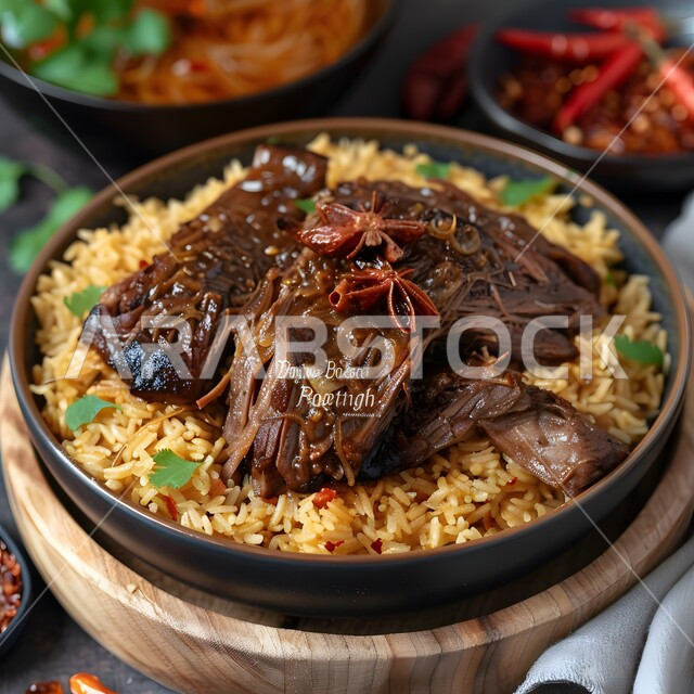 ولائم وأطباق عربية تقليدية شعبية، طبق من أرز الكبسة مع قطع اللحم المزين بالفلفل و البقدونس، وصفات الطعام الشهية، المأكولات والوجبات الشرقية، مطابخ ومطاعم المملكة العربية السعودية