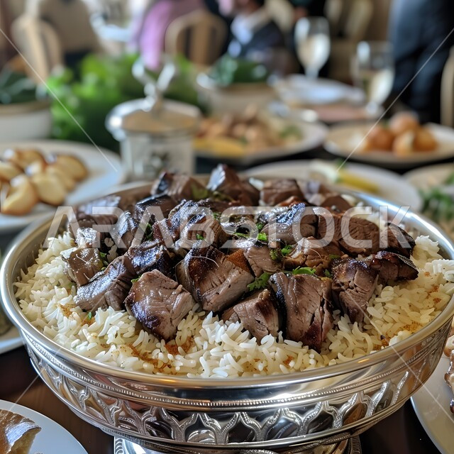 ولائم وأطباق عربية تقليدية شعبية، طبق من أرز الكبسة مع قطع اللحم المزين بالفلفل و البقدونس، وصفات الطعام الشهية، المأكولات والوجبات الشرقية، مطابخ ومطاعم المملكة العربية السعودية