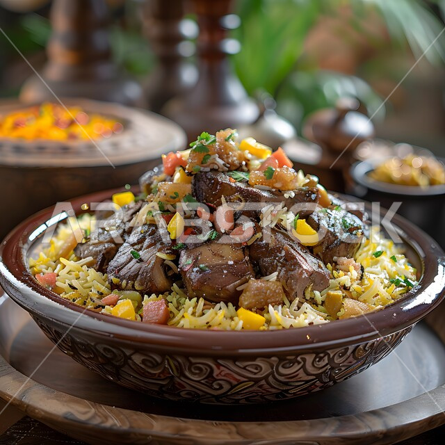 ولائم وأطباق عربية تقليدية شعبية، طبق من أرز الكبسة مع قطع اللحم المزين بالفلفل و البقدونس، وصفات الطعام الشهية، المأكولات والوجبات الشرقية، مطابخ ومطاعم المملكة العربية السعودية