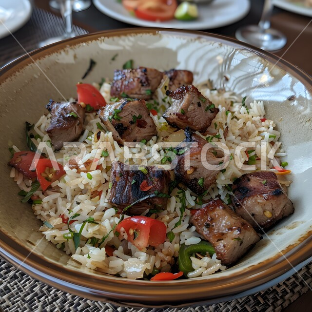 ولائم وأطباق عربية تقليدية شعبية، طبق من أرز الكبسة مع قطع اللحم المزين بالفلفل و البقدونس، وصفات الطعام الشهية، المأكولات والوجبات الشرقية، مطابخ ومطاعم المملكة العربية السعودية