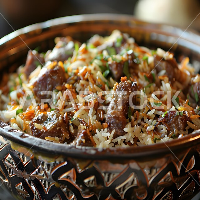 ولائم وأطباق عربية تقليدية شعبية، طبق من أرز الكبسة مع قطع اللحم المزين بالفلفل و البقدونس، وصفات الطعام الشهية، المأكولات والوجبات الشرقية، مطابخ ومطاعم المملكة العربية السعودية