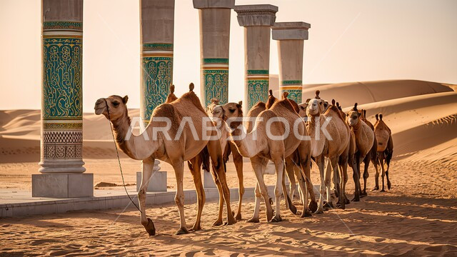  قافلة من الجمال العربية الأصيلة تسير في إحدى صحاري المملكة، الرمال الذهبية اللامعة والكثبان الرملية في المناطق الصحراوية، التاريخ السعودي الغني بالثقافة والحضارة، أعمدة حجرية مزينة بزخارف وآرابيسك ملون، رحلات التجارة والسفر في القديم، رموز الأصالة والعراقة