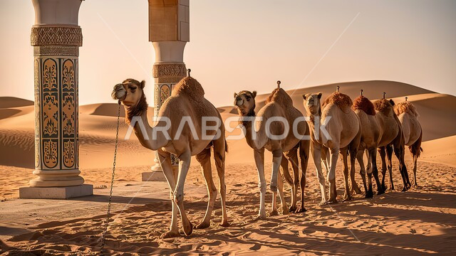  قافلة من الجمال العربية الأصيلة تسير في إحدى صحاري المملكة، الرمال الذهبية اللامعة والكثبان الرملية في المناطق الصحراوية، التاريخ السعودي الغني بالثقافة والحضارة، أعمدة حجرية مزينة بزخارف وآرابيسك ملون، رحلات التجارة والسفر في القديم، رموز الأصالة والعراقة