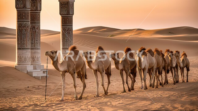  قافلة من الجمال العربية الأصيلة تسير في إحدى صحاري المملكة، الرمال الذهبية اللامعة والكثبان الرملية في المناطق الصحراوية، التاريخ السعودي الغني بالثقافة والحضارة، أعمدة حجرية مزينة بزخارف وآرابيسك ملون، رحلات التجارة والسفر في القديم، رموز الأصالة والعراقة