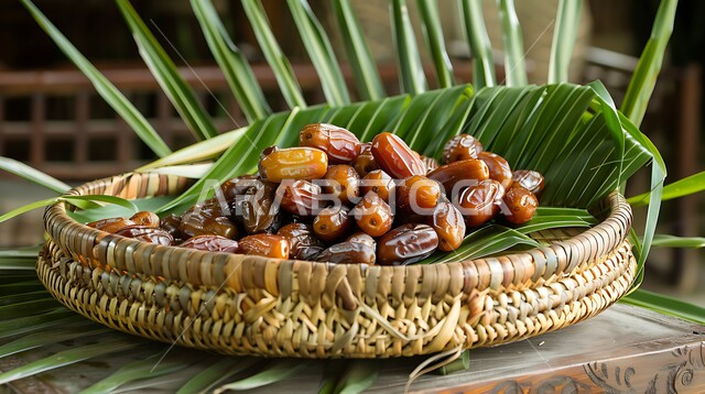 محاصيل ومنتجات زراعية محلية وطنية، سلة منسوجة تقليدية مليئة بالتمر السكري الصحي الطازج مع اوراق النخيل، وجبات وضيافة رمضانية ذات قيمة غذائية عالية، فنون التقديم في المملكة العربية السعودية