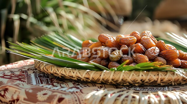 محاصيل ومنتجات زراعية محلية وطنية، سلة منسوجة تقليدية مليئة بالتمر السكري الصحي الطازج مع اوراق النخيل، وجبات وضيافة رمضانية ذات قيمة غذائية عالية، فنون التقديم في المملكة العربية السعودية