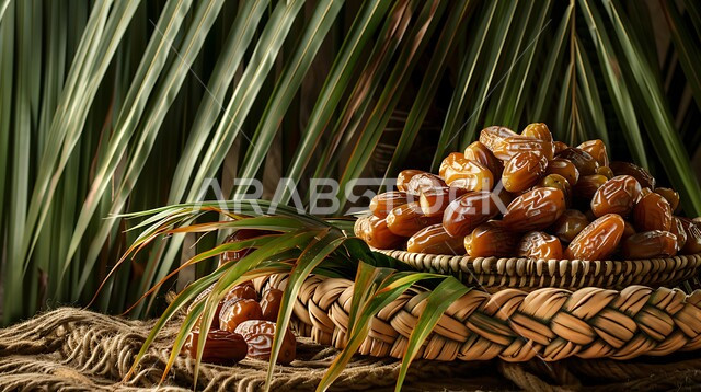 محاصيل ومنتجات زراعية محلية وطنية، سلة منسوجة تقليدية مليئة بالتمر السكري الصحي الطازج مع اوراق النخيل، وجبات وضيافة رمضانية ذات قيمة غذائية عالية، فنون التقديم في المملكة العربية السعودية